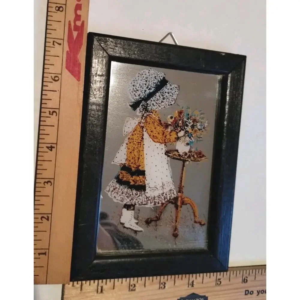 Vintage Holly Hobbie Framed Art Mirror Painted RARE 1970's MADE IN ENGLAND Stamp